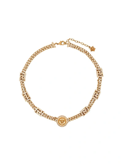 Shop Versace Crystal Embellished Medusa Chain Necklace In Metallic/ Gold