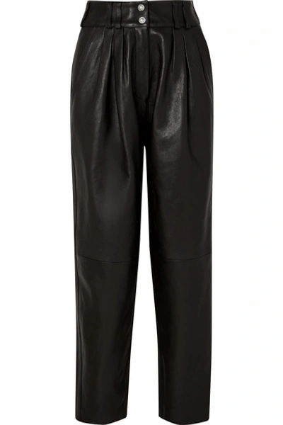 Shop Balmain Pleated Leather Tapered Pants In Black