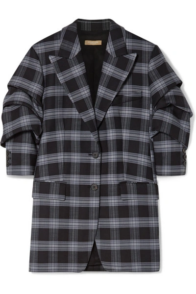 Shop Michael Kors Checked Ruched Wool-blend Twill Blazer In Dark Gray