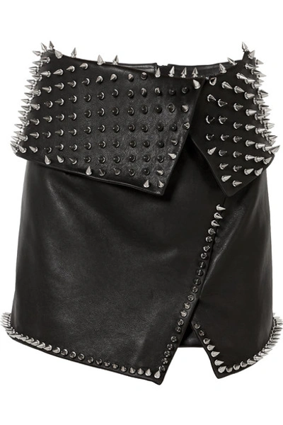 Shop Balmain Wrap-effect Studded Leather Mini Skirt In Black