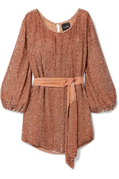 Shop Retroféte Grace Velvet-trimmed Sequined Satin Mini Dress In Bronze