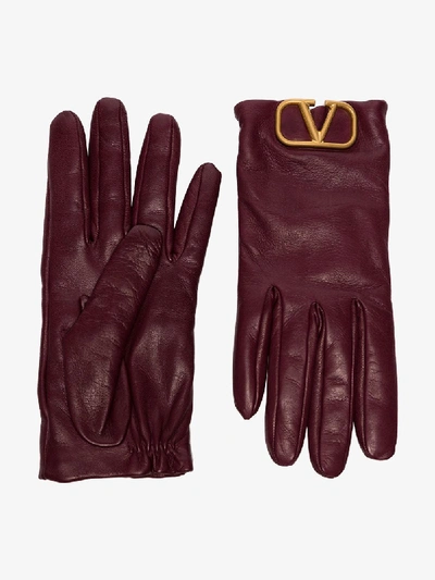 Shop Valentino Burgundy Garavani Leather Logo Gloves In Red