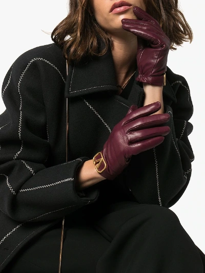 Shop Valentino Burgundy Garavani Leather Logo Gloves In Red