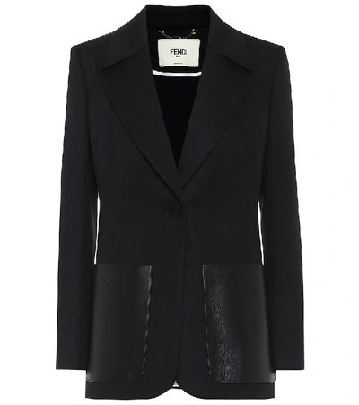 Shop Fendi Leather-trimmed Twill Blazer In Black