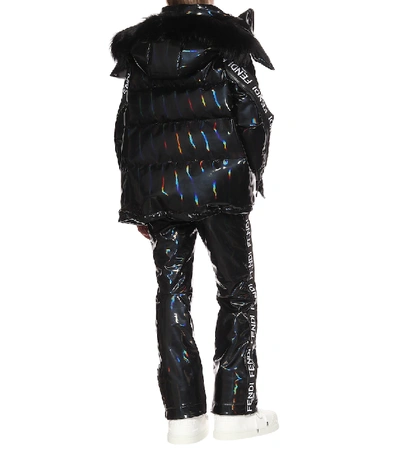 Shop Fendi Holographic Fur-trimmed Down Coat In Black