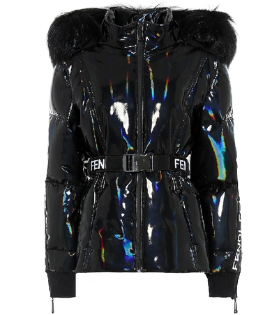 Shop Fendi Holographic Fur-trimmed Down Jacket In Black