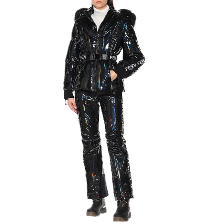 Shop Fendi Holographic Fur-trimmed Down Jacket In Black