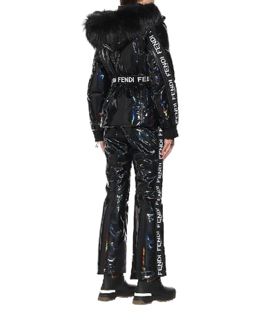 Shop Fendi Holographic Fur-trimmed Down Jacket In Black
