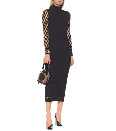 Shop Fendi Knitted Mesh Midi Dress In Black