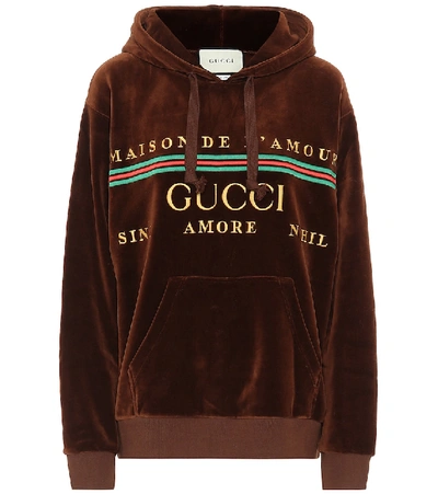Shop Gucci Logo Cotton-blend Chenille Hoodie In Brown