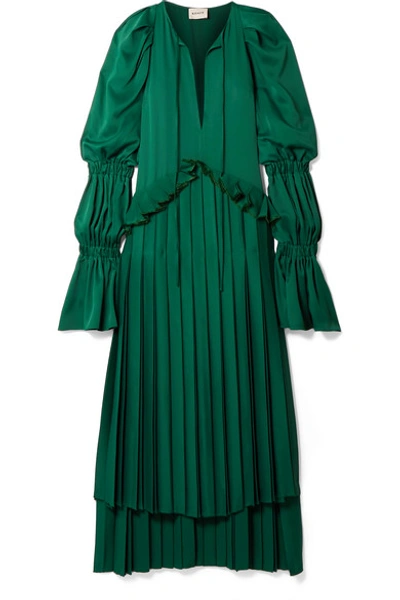 Shop Khaite Cara Oversized Ruffled Pleated Satin-crepe Maxi Dress In Emerald