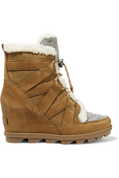 Shop Sorel Joan Of Arctic Wedge Ii Shearling-trimmed Waterproof Nubuck, Suede And Felt Ankle Boots In Brown