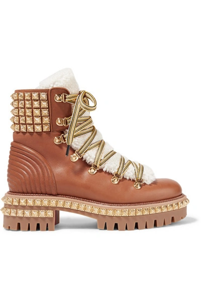 Shop Christian Louboutin Yeti Donna Shearling-trimmed Studded Leather Ankle Boots In Brown