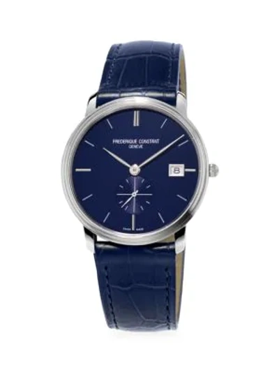 Shop Frederique Constant Slimline Quartz Stainless Steel & Leather Strap Watch In Blue