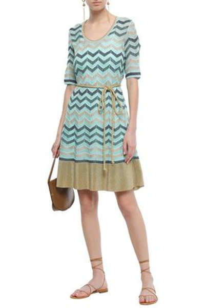 Shop M Missoni Belted Metallic Crochet-knit Dress In Turquoise