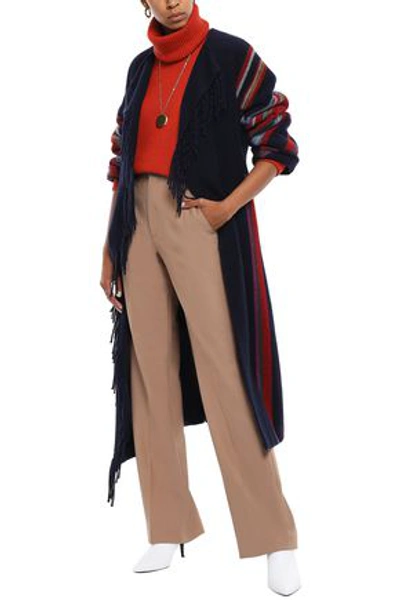 Shop Tory Burch Belted Fringe-trimmed Striped Wool Coat In Navy
