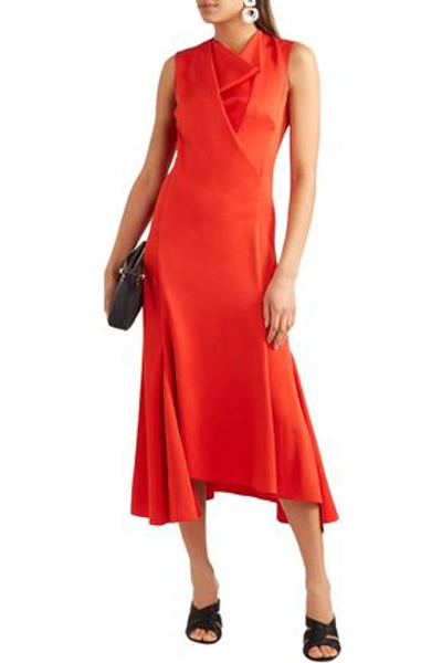 Shop Victoria Beckham Draped Satin-crepe Midi Dress In Tomato Red