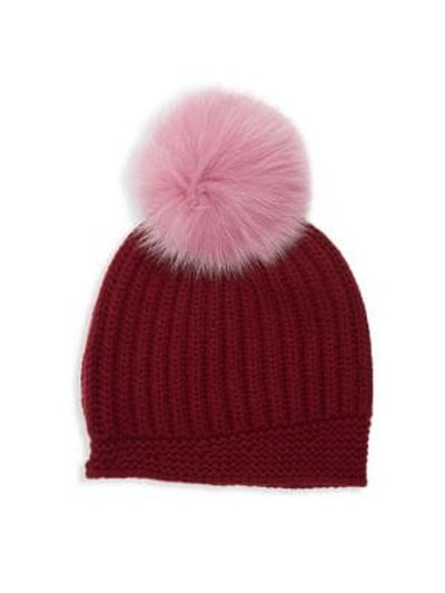 Shop Raffaello Bettini Fur Pom Pom English Stitch Cashmere Beanie In Burgundy