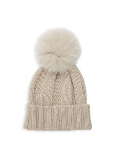 Shop Raffaello Bettini Women's Fox Fur Pom-pom Ribbed Cashmere Beanie In Dune