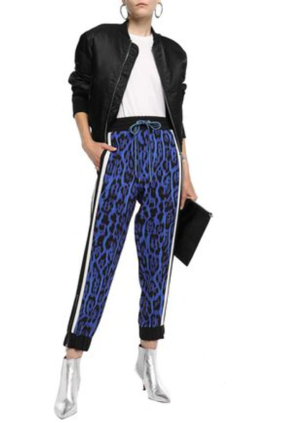 Shop Just Cavalli Woman Striped Leopard-print Crepe Track Pants Royal Blue