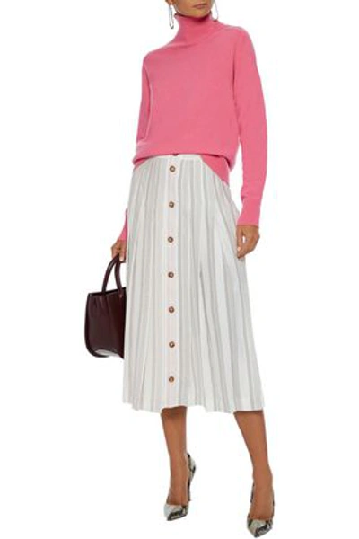 Shop Victoria Beckham Pleated Button-detailed Striped Silk-crepe Midi Skirt In Claret