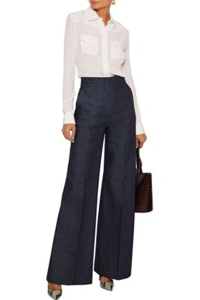 Shop Victoria Beckham Embroidered High-rise Wide-leg Jeans In Dark Denim