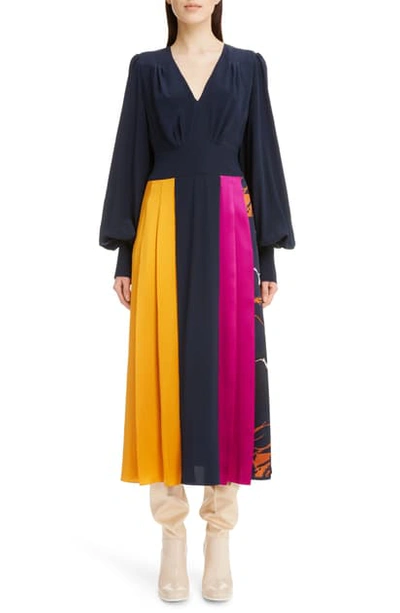 Shop Roksanda Colorblock Long Sleeve Silk Crepe De Chine Midi Dress In Midnight/ Tobacco/ Heliotrope
