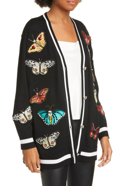 Shop Alice And Olivia Bradford Embellished Butterfly Wool Blend Grandpa Cardigan In Black/ Multi