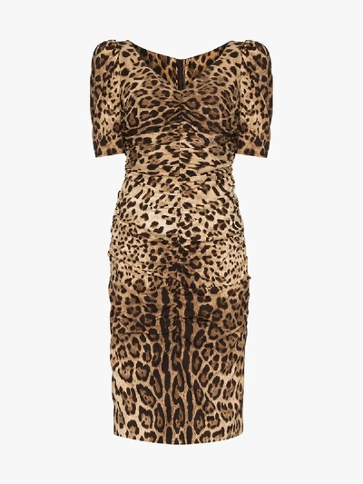 Shop Dolce & Gabbana Leopard Print Ruched Silk Midi Dress In Brown