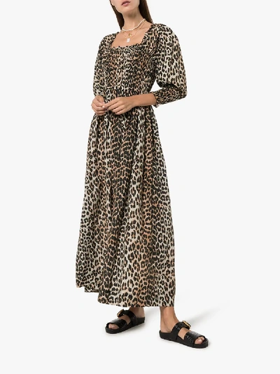Shop Ganni Ruched Leopard Print Dress In Brown