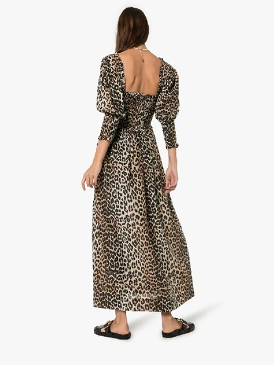 Shop Ganni Ruched Leopard Print Dress In Brown