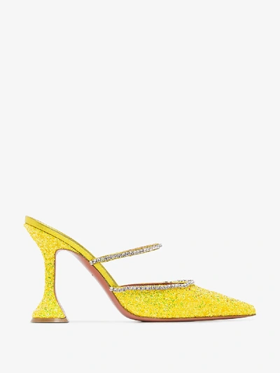 Shop Amina Muaddi Yellow Gilda 95 Embellished Glitter Mules