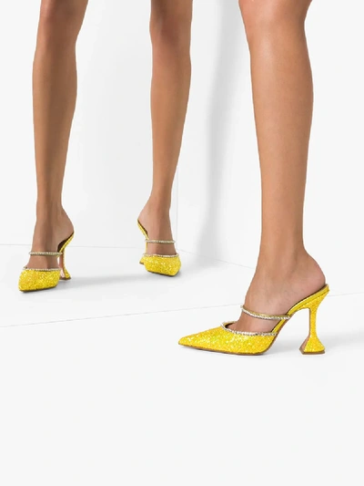 Shop Amina Muaddi Yellow Gilda 95 Embellished Glitter Mules