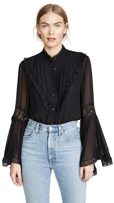 Shop Divine Héritage Bell Sleeve Blouse With Lace Detail In Onyx
