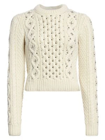 Shop Michael Kors Studded Cable Knit Cashmere Pullover Sweater In Vanilla