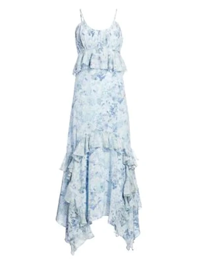 Shop Amur Ruffled Floral Print Silk Maxi Dress In Icy Blue