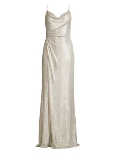 Shop Aidan Mattox Cowlneck Foiled Jersey Gown In Champagne Silver