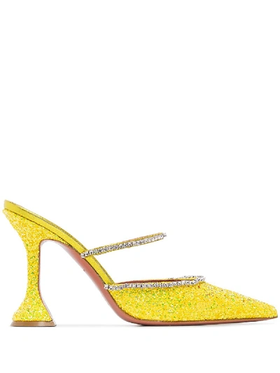 Shop Amina Muaddi Gilda 95mm Embellished Glitter Mules In Yellow