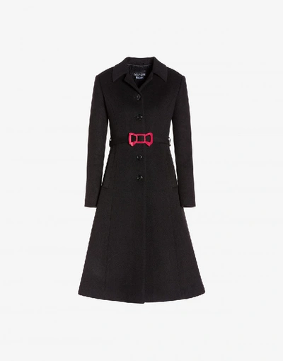 Shop Boutique Moschino Bow Buckle Velour Coat In Black