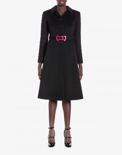 Shop Boutique Moschino Bow Buckle Velour Coat In Black