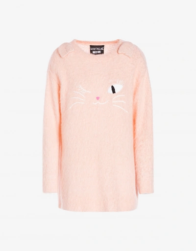 Shop Boutique Moschino Mohair Pullover With Kitten Embroidery In Pale Pink