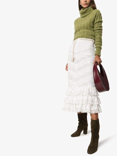 Shop Zimmermann Veneto Frill Hem Cotton Blend Midi Skirt In Neutrals