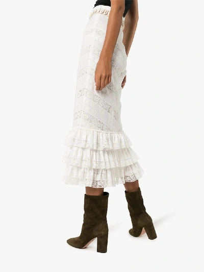 Shop Zimmermann Veneto Frill Hem Cotton Blend Midi Skirt In Neutrals