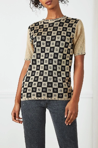 Pre-owned Fendi 1990s Tan Zucchino Checkered Sweater