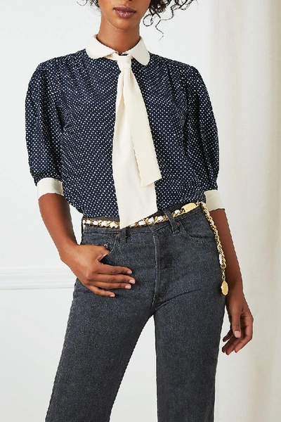 Pre-owned Saint Laurent 1980s Rive Gauche Navy Silk Polka Dot Blouse