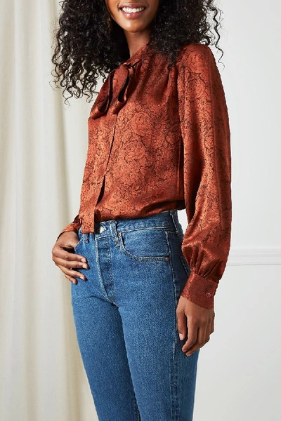 Pre-owned Saint Laurent 1980s Rive Gauche Rust Floral Pussy Bow Blouse