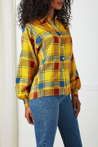 Pre-owned Saint Laurent 1980s Rive Gauche Yellow Plaid Silk Blouse