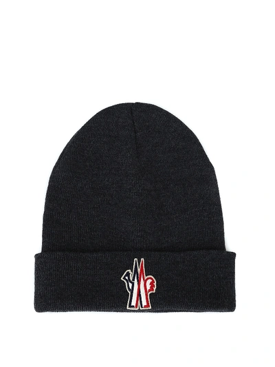 Shop Moncler Dark Grey Knitted Wool Beanie With Logo Patch