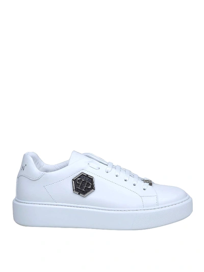 Shop Philipp Plein Metal Logo White Leather Sneakers
