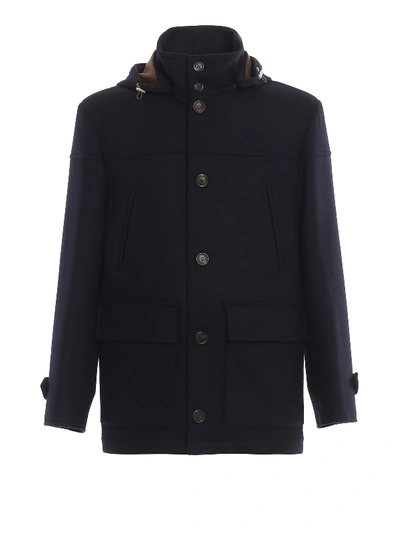 Shop Brunello Cucinelli Virgin Wool Cloth Hooded Coat In Dark Blue